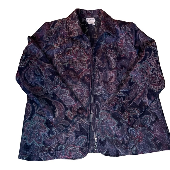BonWorth Paisley Zip Jacket Women’s L Purple Burgundy Metallic Textured Blazer - Picture 13 of 15